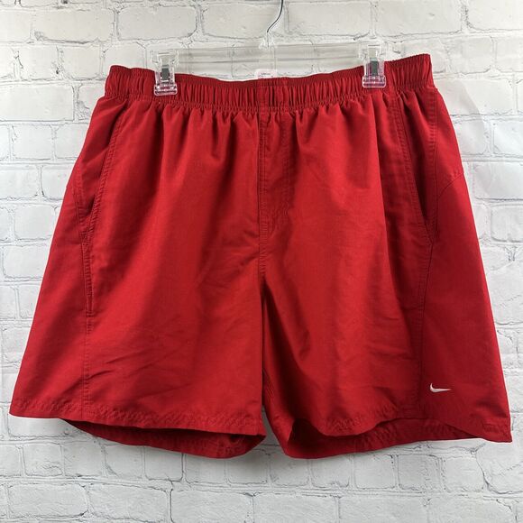 Vintage Nike Swim Shorts Mens XL Trunks Red Spellout Swoosh Back Logo Mesh Lined - Picture 1 of 8